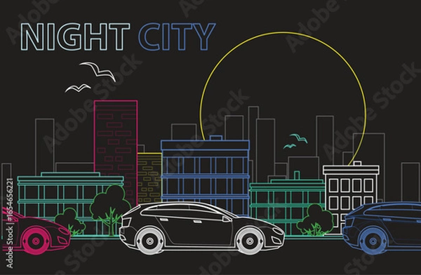 Obraz Cars Parking on the Street with Outline City Background