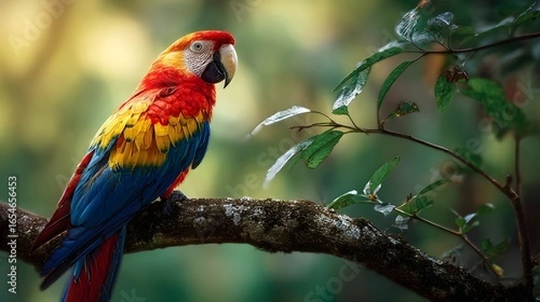 Fototapeta Colorful parrot on a tree branch in a tropical forest, vibrant and sunlit. Concept : Wildlife photography, tropical nature, exotic birds, vibrant colors, natural habitat, tropical ecosystem.