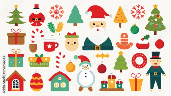 Fototapeta Festive Christmas Icons and Holiday Elements in a Flat Design Style