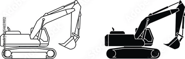 Fototapeta Outline and solid black excavators on a white background view