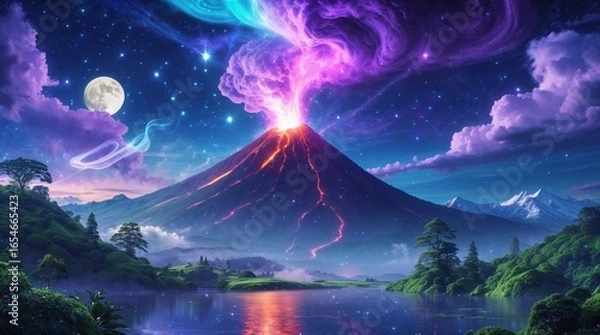 Fototapeta Majestic Volcano Erupting with Cosmic Lava under Starry Sky