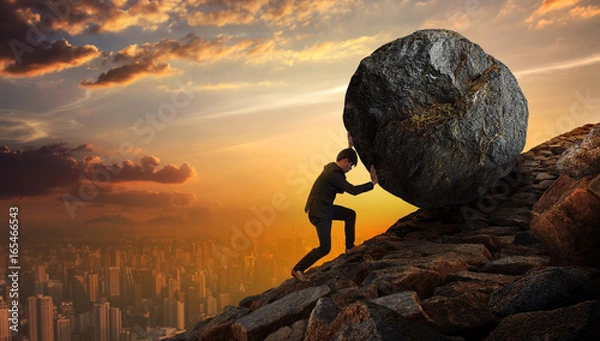 Fototapeta Business man pushing large stone up to hill , Business heavy tasks and problems concept.