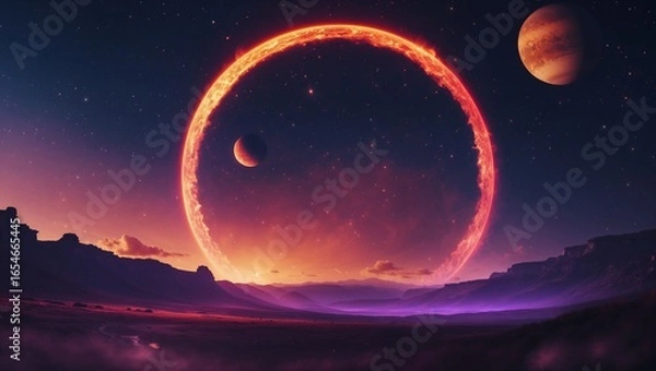 Fototapeta Fiery Cosmic Eclipse over Alien Landscape with Distant Planets
