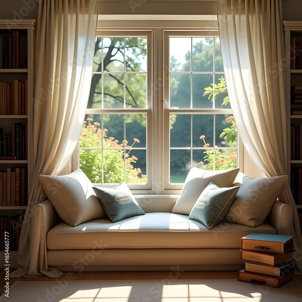 Fototapeta  Cozy reading nook with cushions and books, open window to garden, morning glow, dreamy vibe