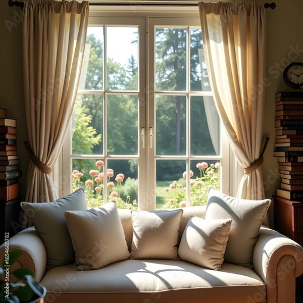 Fototapeta  Cozy reading nook with cushions and books, open window to garden, morning glow, dreamy vibe