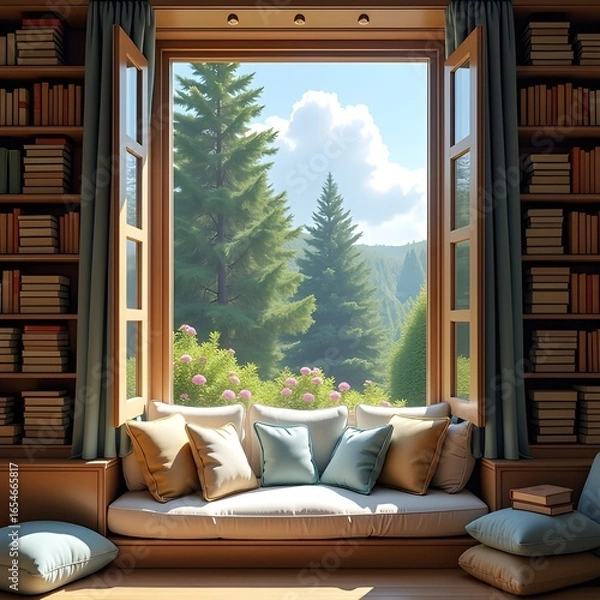 Fototapeta  Cozy reading nook with cushions and books, open window to garden, morning glow, dreamy vibe
