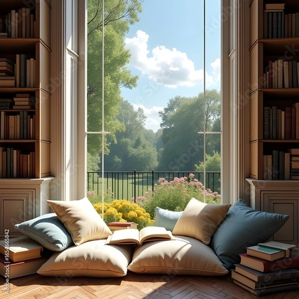 Fototapeta  Cozy reading nook with cushions and books, open window to garden, morning glow, dreamy vibe