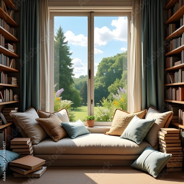 Fototapeta  Cozy reading nook with cushions and books, open window to garden, morning glow, dreamy vibe