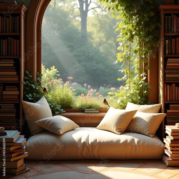 Fototapeta  Cozy reading nook with cushions and books, open window to garden, morning glow, dreamy vibe