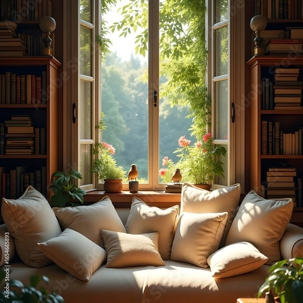 Fototapeta  Cozy reading nook with cushions and books, open window to garden, morning glow, dreamy vibe