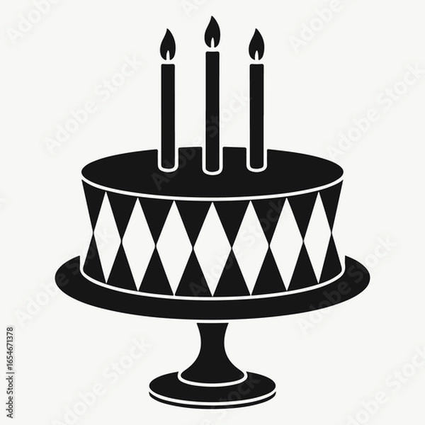 Fototapeta Stylized Birthday Cake Graphic with Three Lit Candles on a Pedestal, Black and White Simple Design
