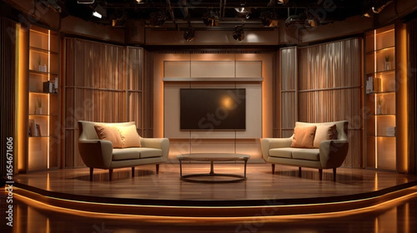Fototapeta Modern television studio set with two armchairs and a central coffee table, illuminated by warm lighting.