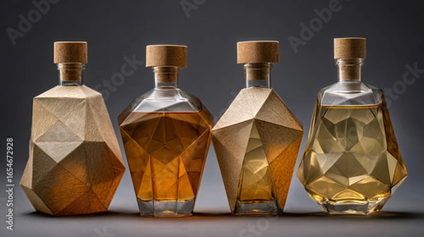 Fototapeta Row Of Four Geometric Glass Bottles With Corks