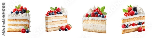 Fototapeta Four Delicious Slices of Berry Cake Isolated on White