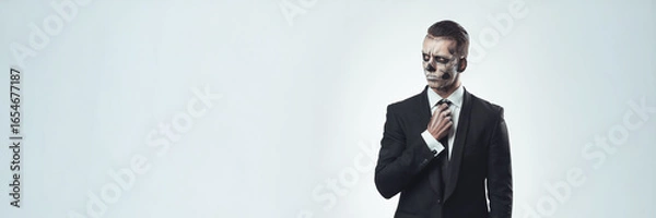 Obraz Man with Skull Makeup in Suit Wide Banner with Copy Space