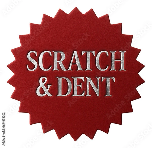 Obraz Red tag sticker with SCRATCH & DENT discount in bold letters, attention-grabbing retail offer on transparent background.