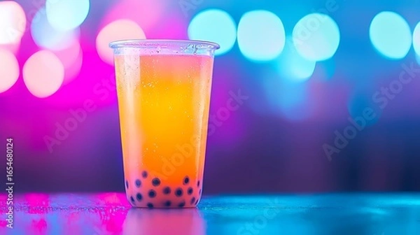 Fototapeta Vibrant bubble tea drink with bokeh lights background