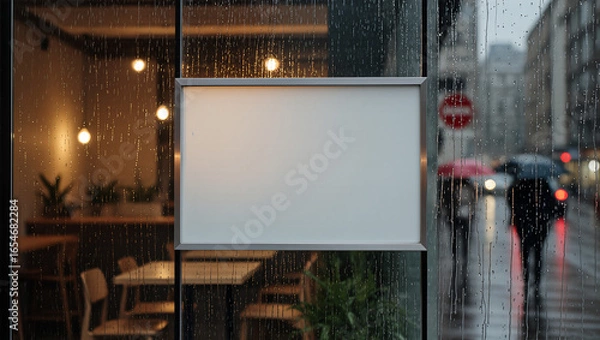 Fototapeta A blank horizontal sign hangs on a rainy cafe window. The empty space is an excellent mockup for displaying a logo, menu, or special offers for a restaurant or coffee shop.