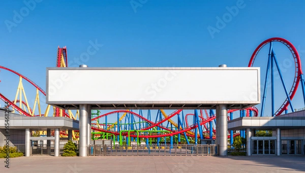 Fototapeta A large blank horizontal billboard stands at the entrance to an amusement park with a roller coaster in the background. The empty space is a perfect mockup for park promotions, event schedules, or tic