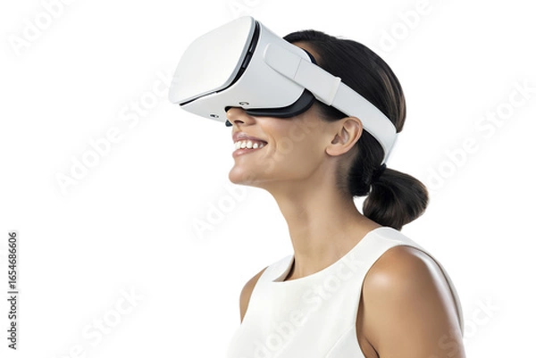 Fototapeta Person with tied-back hair wearing white VR headset – Immersive gaze in virtual realm, Technology, Abstract, virtual reality, simulation, experience, innovation