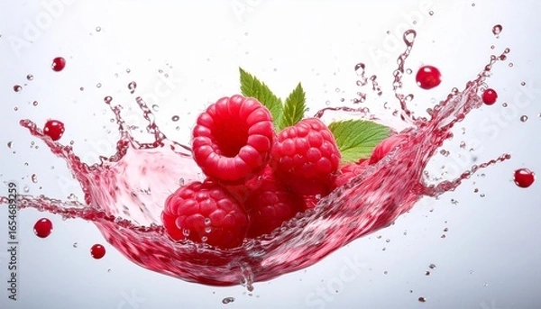 Fototapeta fresh raspberry with a splash on a white background