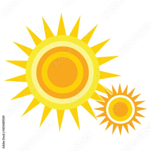 Fototapeta Two bright yellow suns radiant energy celestial bodies starry light warmth and sunshine decorative element white background