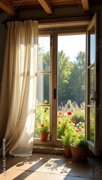 Fototapeta Blooming spring garden outside open window, cozy rustic room filled with light and breeze