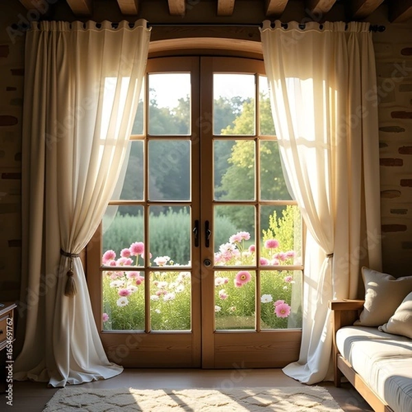 Fototapeta Blooming spring garden outside open window, cozy rustic room filled with light and breeze