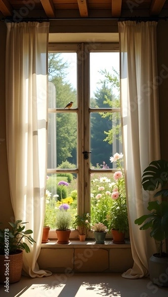 Fototapeta Blooming spring garden outside open window, cozy rustic room filled with light and breeze