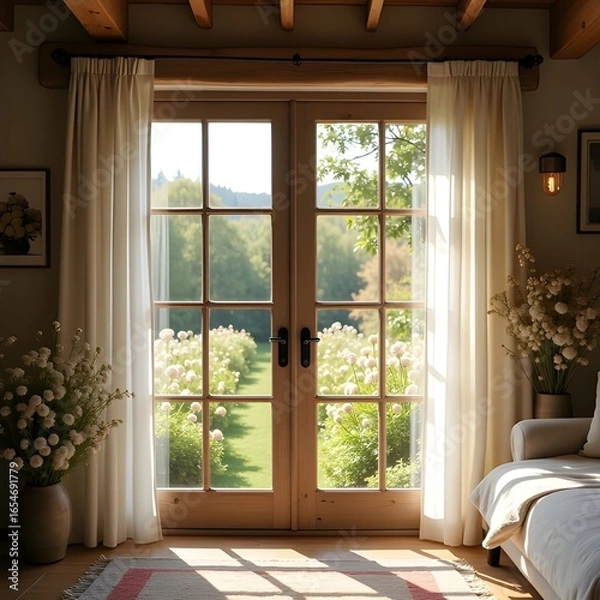 Fototapeta Blooming spring garden outside open window, cozy rustic room filled with light and breeze