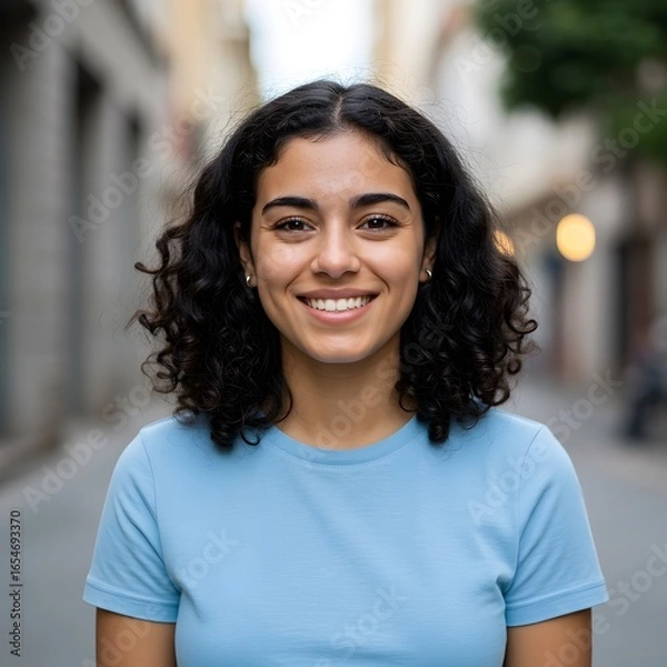 Fototapeta Smiling girl in blue t-shirt outdoors