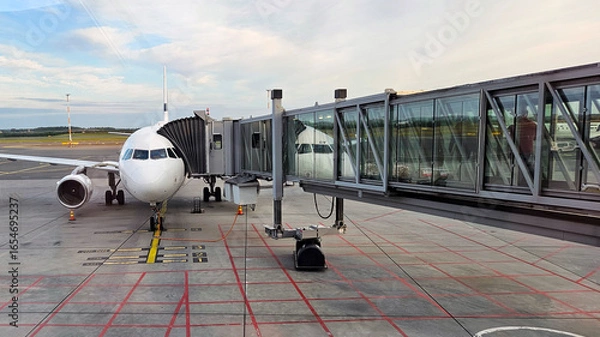 Obraz Airplane with passenger jet bridge attached. View from the airport window