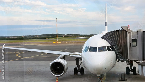 Fototapeta Airplane with passenger jet bridge attached. View from the airport window