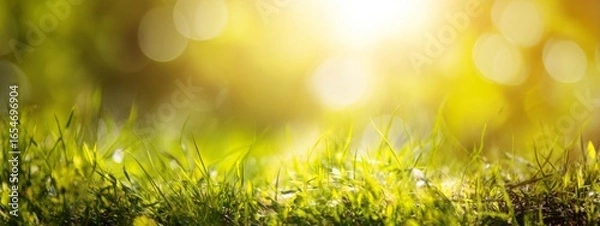Fototapeta Green Grass Background with Sunlight. Spring Nature Scene.