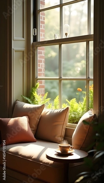 Fototapeta Cozy morning tea by open window with sunlight and garden view, warm peaceful atmosphere