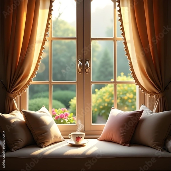 Fototapeta Cozy morning tea by open window with sunlight and garden view, warm peaceful atmosphere
