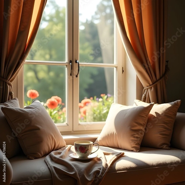 Fototapeta Cozy morning tea by open window with sunlight and garden view, warm peaceful atmosphere