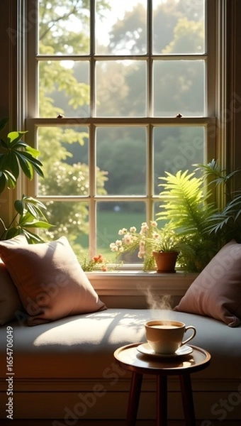 Fototapeta Cozy morning tea by open window with sunlight and garden view, warm peaceful atmosphere
