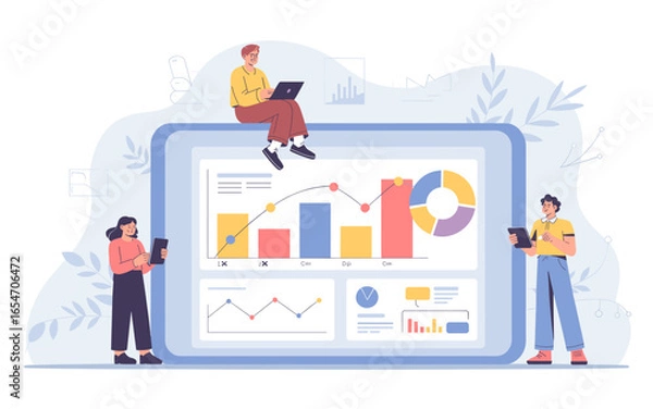 Obraz Team Collaborating on Data Analysis and Visualization Using Modern Technology, Analyzing Charts and Graphs for Business Strategy and Growth Insights with Digital Tools.
