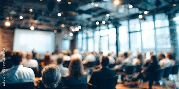 Fototapeta Business presentation in a spacious modern office with engaged audience listening to speaker during corporate training session