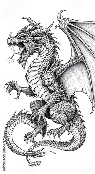 Obraz Detailed black and white illustration of a dragon standing on its hind legs, wings spread, roaring with visible teeth and scales.
