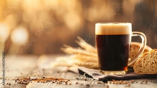 Fototapeta A tall glass of dark beer with wheat and bread on a wooden table