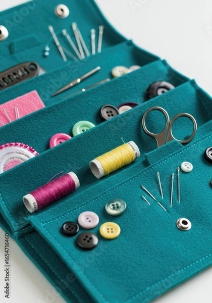 Fototapeta Teal felt sewing kit, open, displaying various tools