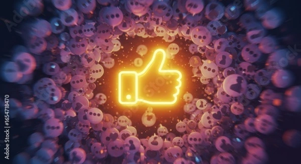 Fototapeta Neon thumbs up icon with social media icons for social networks