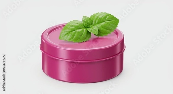 Fototapeta Pink jar with basil leaves on white background
