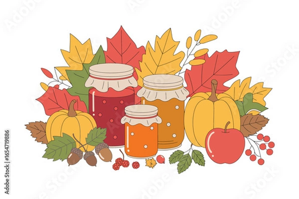 Fototapeta Cozy autumn harvest jams and preserves surrounded by colorful fall leaves and berries vector