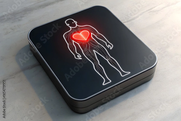 Obraz Minimal 3D Chest Icon with Male Body Outline and Red Glowing Heart – Modern Medical App Design