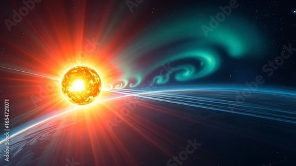 Fototapeta A painterly solar corona explosion with rippling aurora energy cascading toward a small blue planet.
