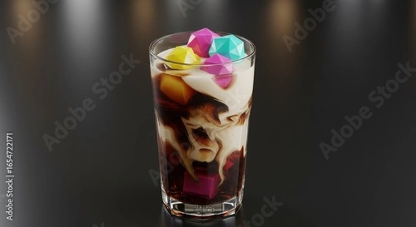 Fototapeta Gourmet iced coffee with cream and colorful jelly cubes on a dark background
