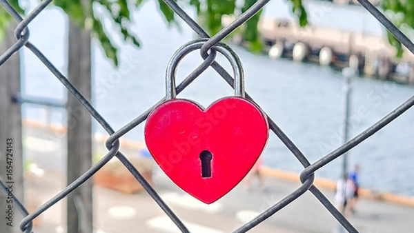 Obraz A heart-shaped padlock attached to a chain link fence with an urban cityscape visible in the background